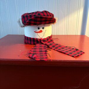 Cheerful snowman container with buffalo check cap and scarf, storage, 5.5 inches